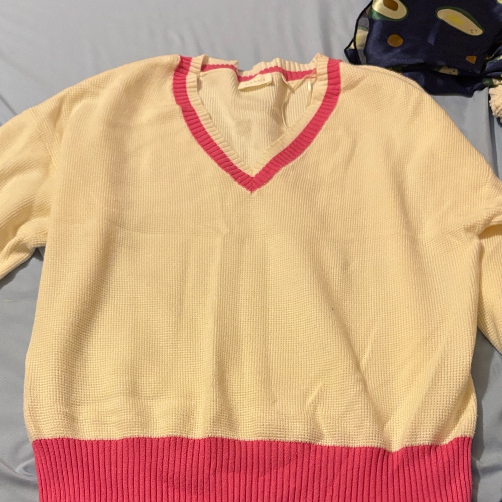 Cyrus Cream and Pink V-Neck Sweater